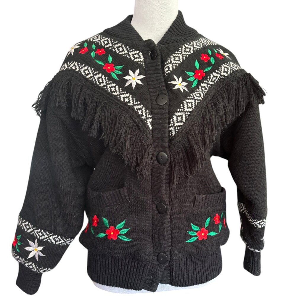 Hallie Robin Vintage 80s girls‎ folk native sweater sherpa jacket fringes sz 10